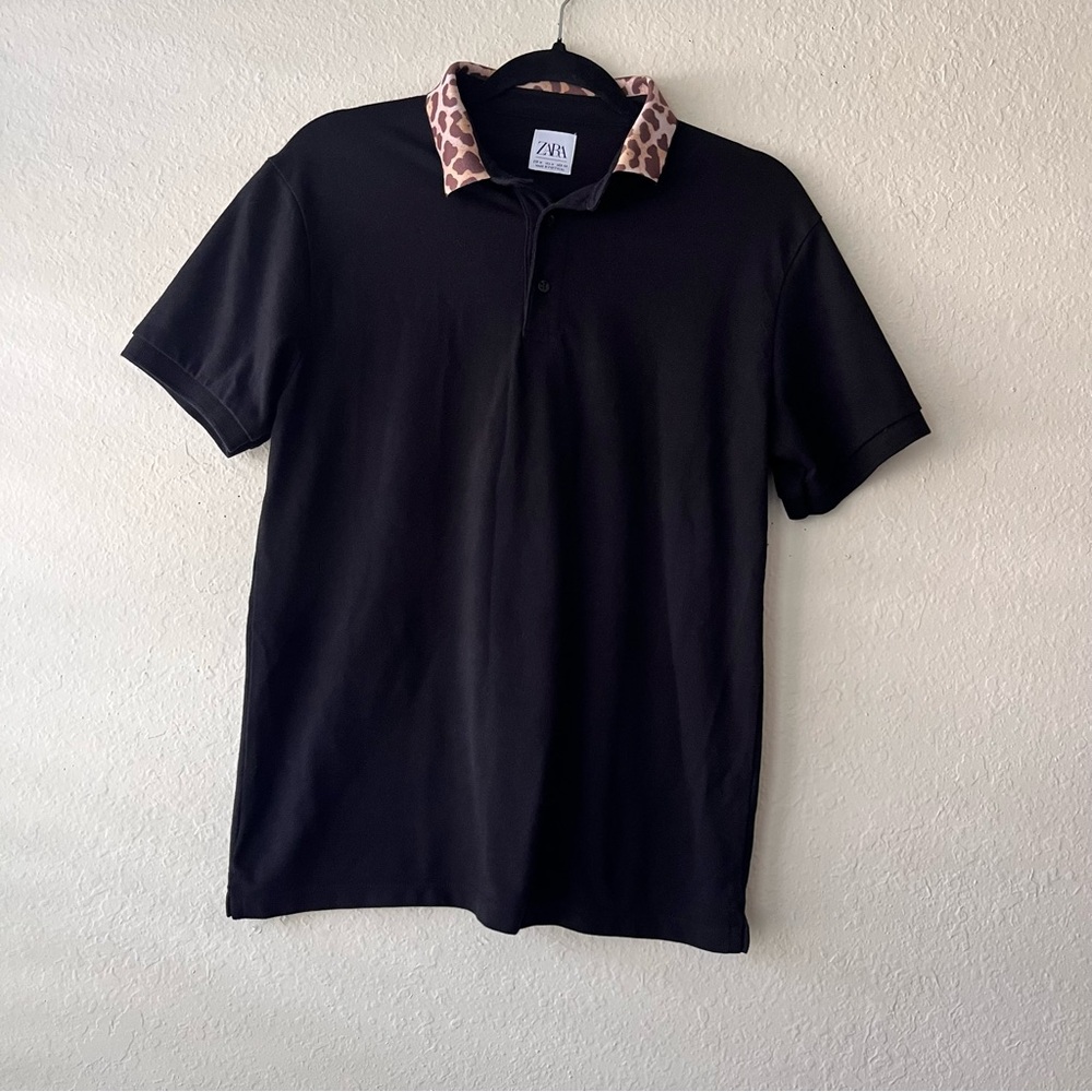 Zara Women's Short Sleeve Black Polo Shirt Animal Print Collared Top Size M‎